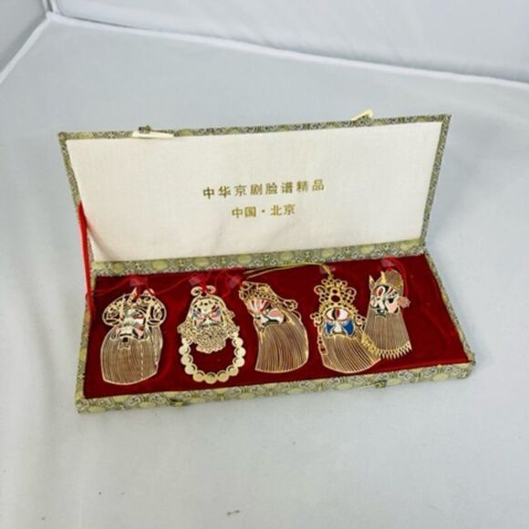 5 Oriental Asian Mask Gold metal Bookmarks Ornaments All are 3.25" tall by 2" wi - Picture 1 of 8